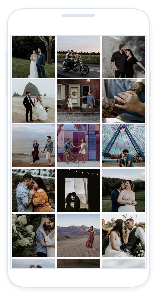 Screenshot image of Hand and Arrow Photography Instagram feed, filled with an assortment of wedding and engagement session pictures, on a white Apple iPhone.