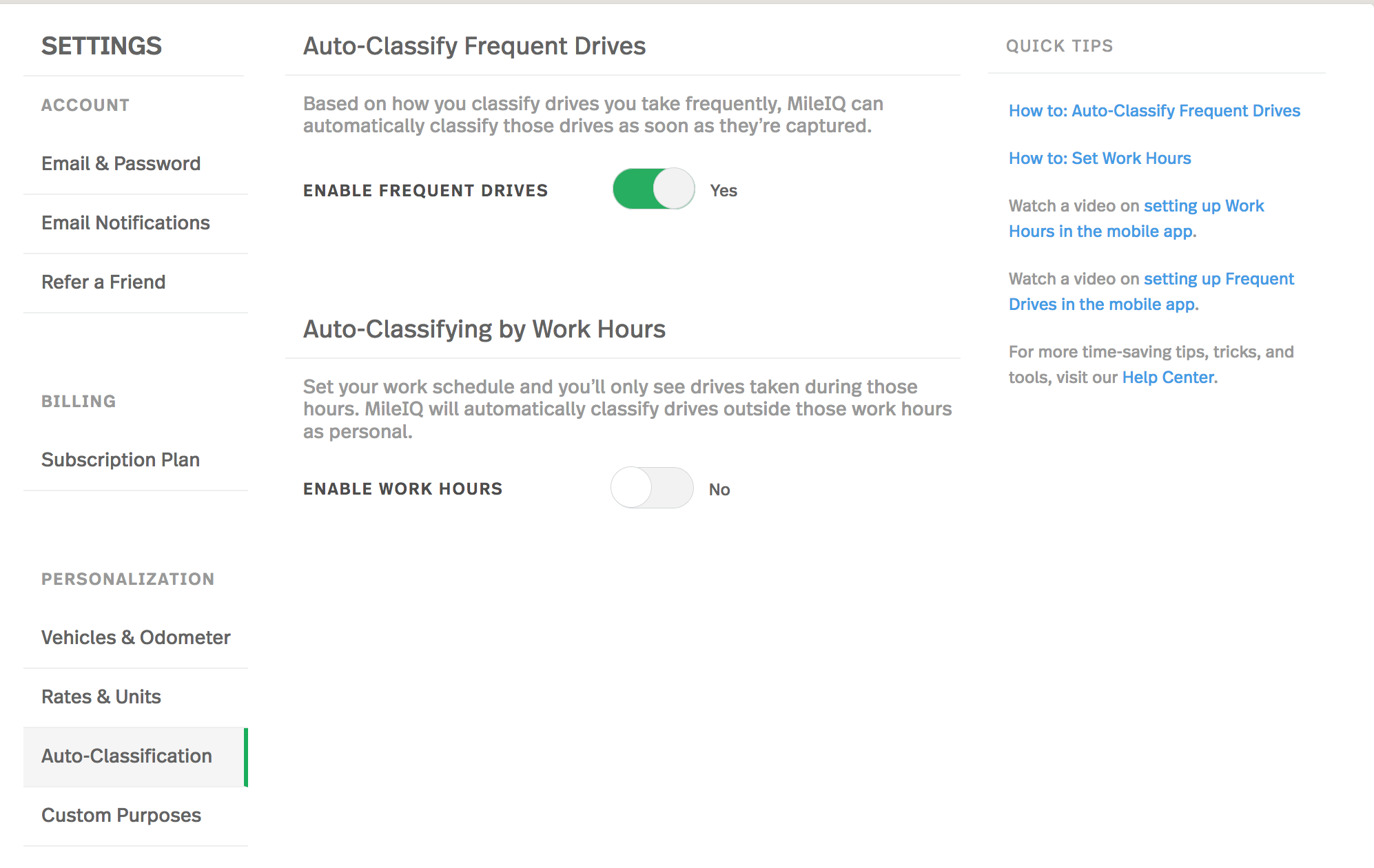 Screenshot of the inside interface of our MileIQ account, under the 'Personalization / Auto-Classification' section, showing how a MileIQ user can Auto-Classify Frequent Drives (Auto-Classify Frequent Drives) and Auto-Classify by Work Hours (Enable work hours).