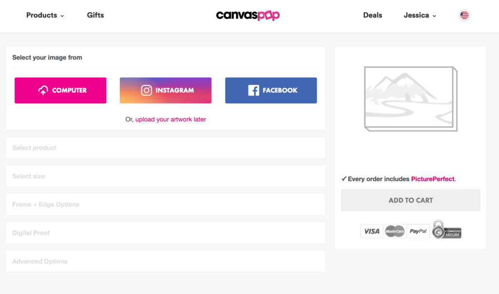 This image is a screenshot that displays the different options available to you for uploading your image artwork, in order to order an online canvas print through the website CanvasPop. To upload your image artwork, you can either select your image from your computer, Instagram, Facebook, or you can upload your artwork later.
