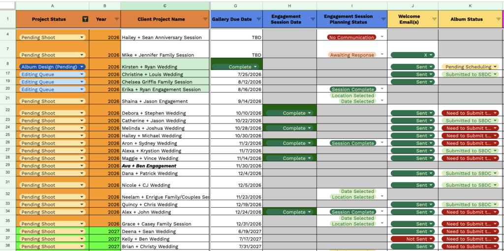 custom crm spreadsheet for photographers