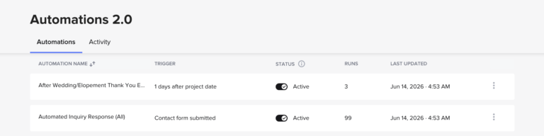 examples of honeybook automations setup in my business