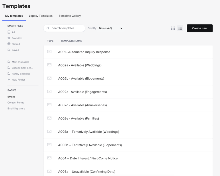 example of email templates set up in Honeybook UI