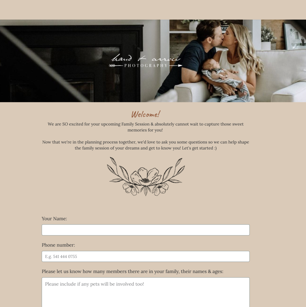 family photography questionnaire form built in honeybook