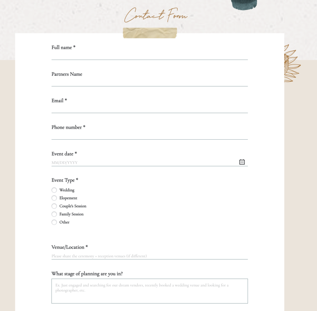 photographer contact form example